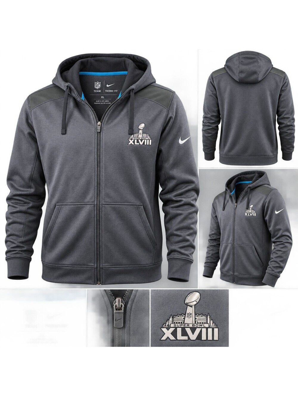 Nike Super Bowl XLVIII Hoodie Mens XL NFL Therma-FIT Full Zip Gray Team Apparel
